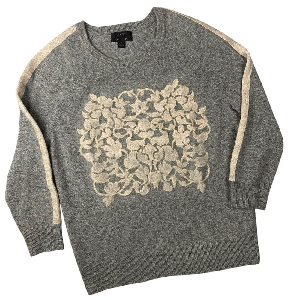 J.Crew Women S Gray Wool Cashmere Blend Sweater Floral Embroidered Knit Pullover